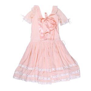Vintage handmaid dress pink ruffle lace bow frilly cottagecore lolita sz XS S